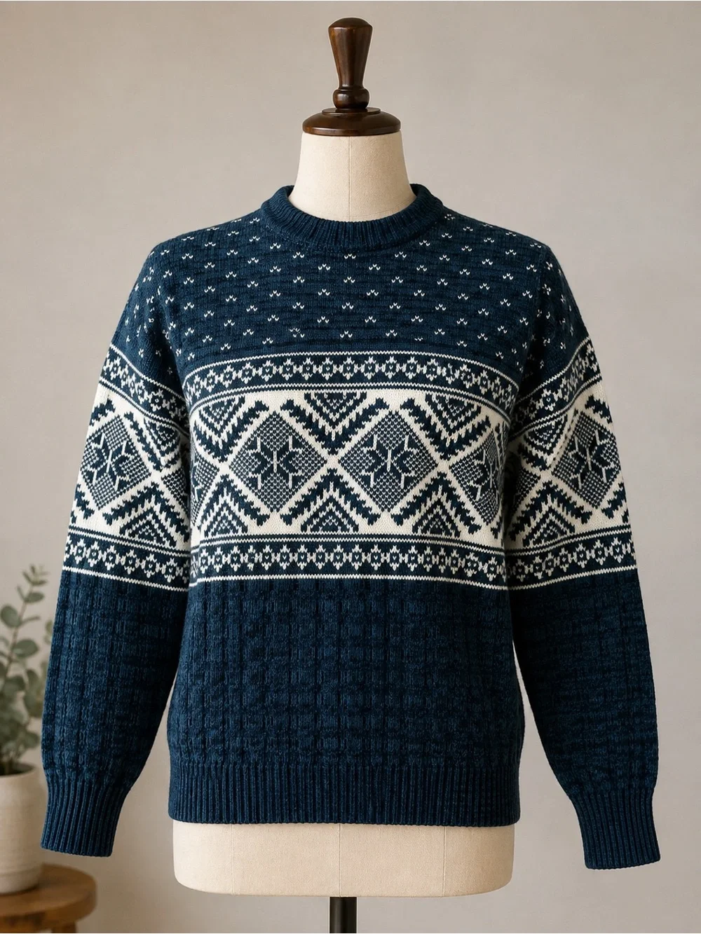 Men's Navy and White Nordic Crewneck Sweater
